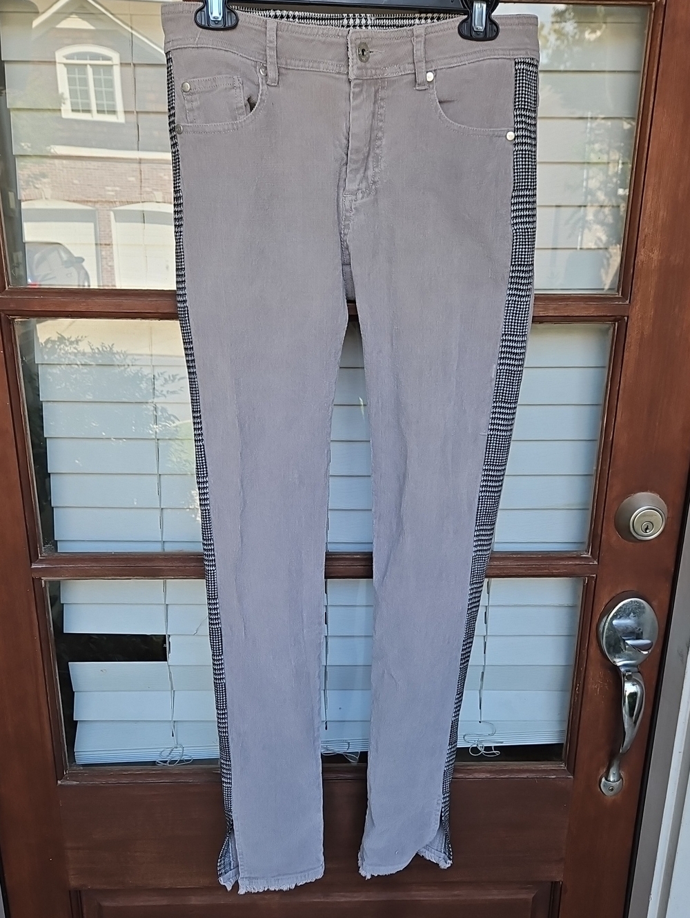 BNCI Boundless North Women's Gray Cordoroy Jeans with Side Plaid Trim Raw Hem